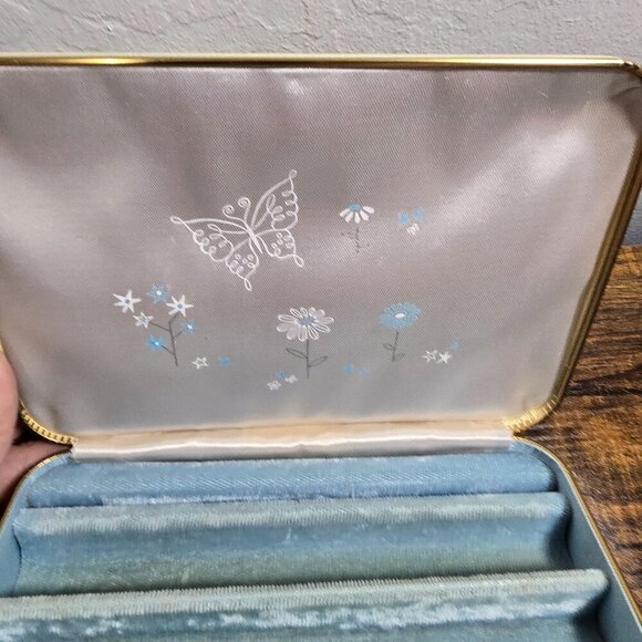 Vintage MCM Farrington Travel Size Cream Floral Jewelry Box Blue Velvet Lining - Picture 12 of 15